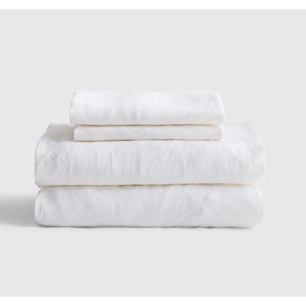 Quince European Linen Sheet Set Queen Size White 4 Piece with Flat Sheet